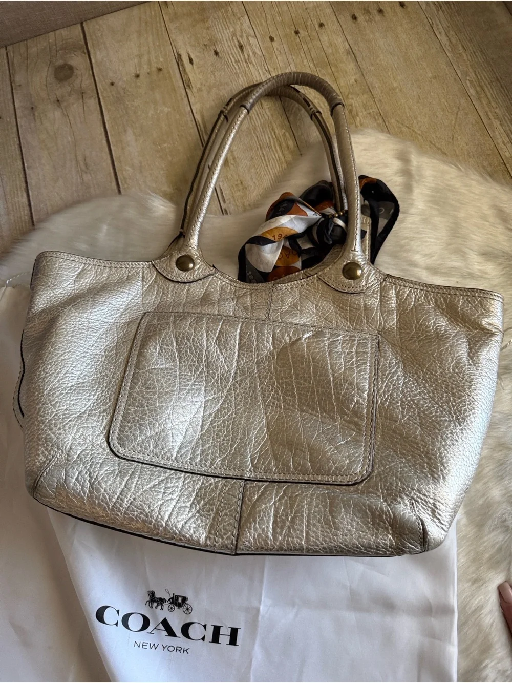 Coach Set Metallic Gold Leather Tote with Zip Wallet, Scarf & 2 cosmetic bags
